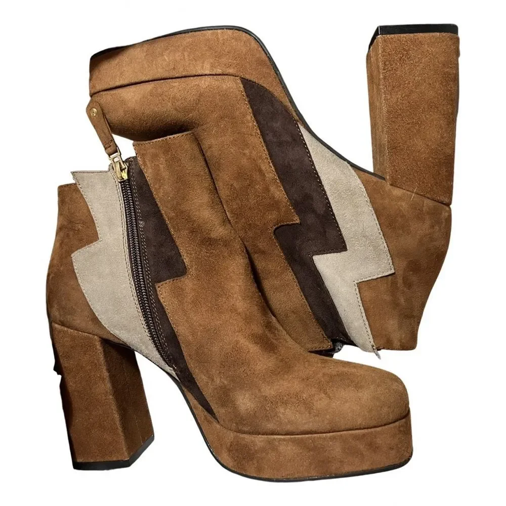 Elvio Zanon Suede Leather Lightning Strike Platform Boots Size 38 7.5